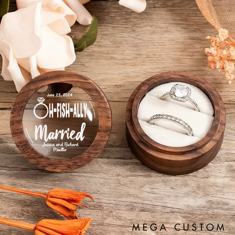 Personalized Wooden Jewelry Box Oh-Fish-Ally Married Ring Box Custom Names and Time Perfect for Weddings Engagements and Fishing Lovers