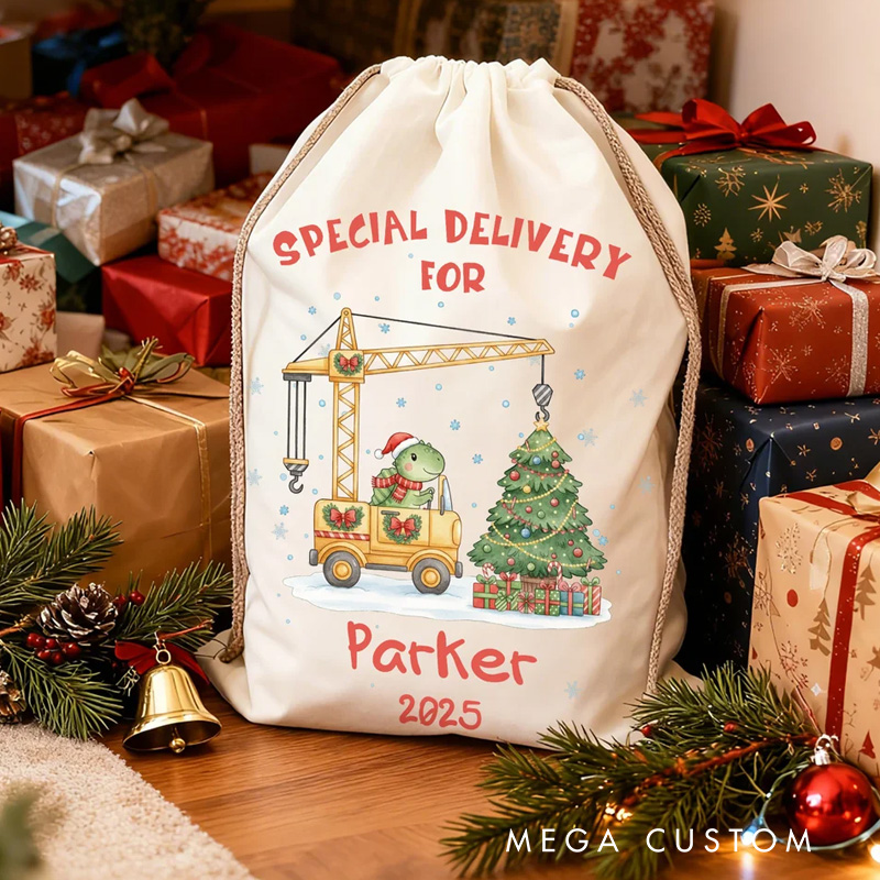 Personalized Cute Dinosaur Construction Vehicle Drawstring Gift Bag Santa Sack with Name and Year Christmas Gift for Kids