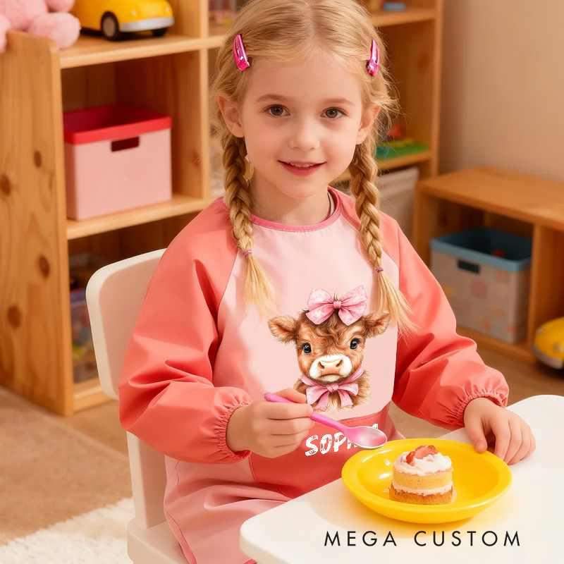Personalized Animal Adventure Apron with Custom Name and Playful Blue Pink Highland Cow for Fun Baking Activities Kid Apron