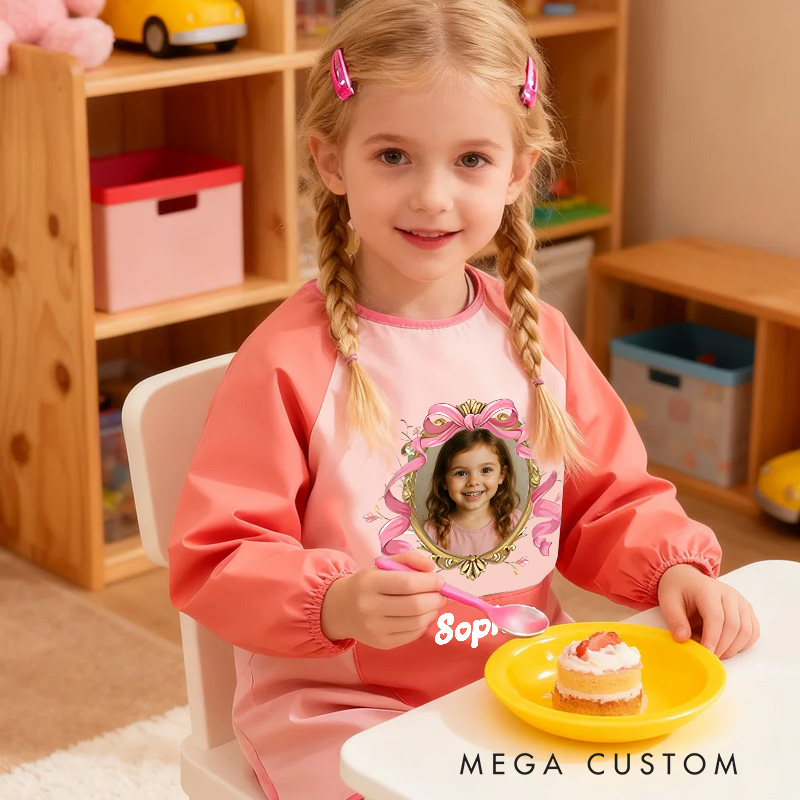 Personalized Photo Frame Apron with Custom Name and Adorable Pink Design for Memorable Mealtime Fun Kid Apron