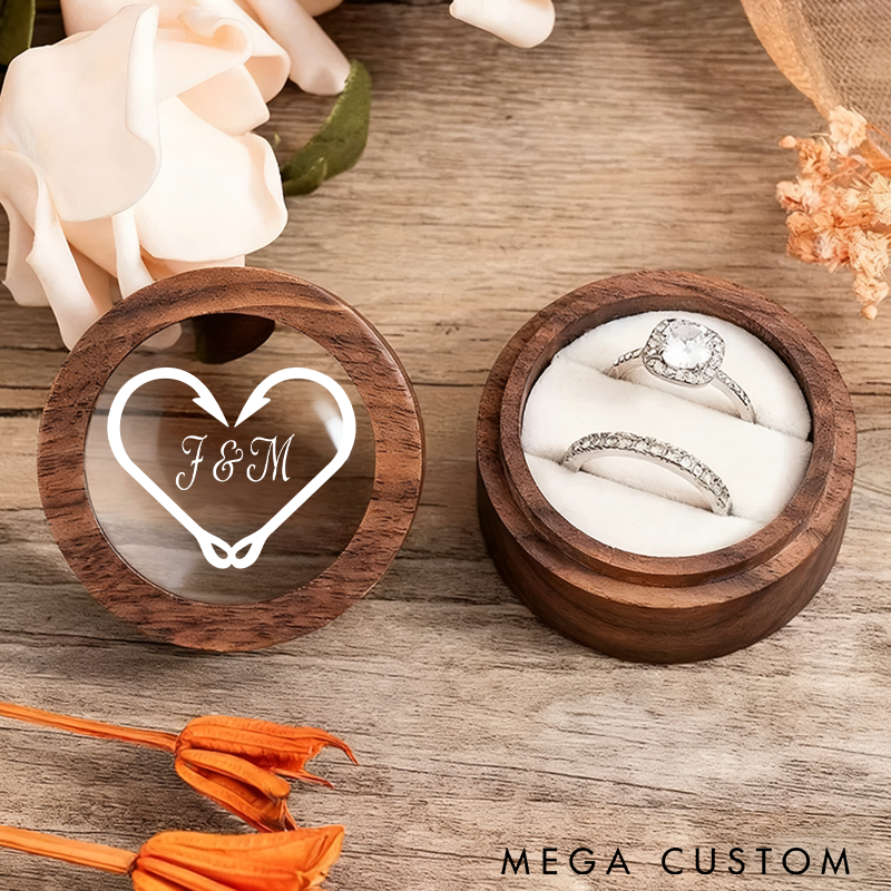 Personalized Wooden Ring Box Heart Fish Hook Design Custom Initials Perfect for Couples Weddings Engagements and Romantic Gifts for Fishing Lover