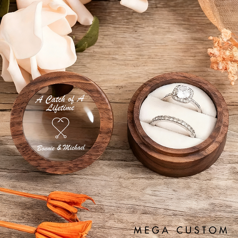 Personalized Wooden Ring Box A Catch of A Lifetime Ring Box Couples Ring Box Custom Names Perfect for Weddings Engagements and Fishing-Themed Gifts