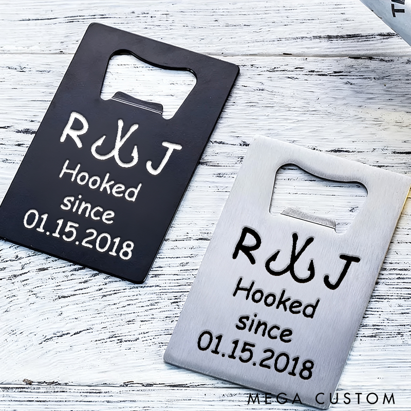 Personalized Metal Bottle Opener Valentines day Gift Boyfriend Gift Husband Gift Fishing Hook Design Custom Initials and Time Perfect for Weddings Anniversaries and Fishing Lovers