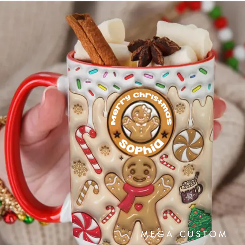 Personalized Name Gingerbread Delight Mug with Festive Candy Cane and Holiday Cheer 3D Inflated Effect Printed Mug