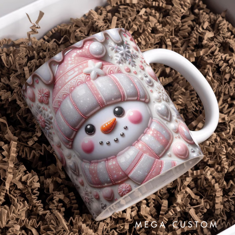 Personalized Name Cozy Snowman Mug with Heartwarming Winter Elements and Festive Cheer 3D Inflated Effect Printed Mug