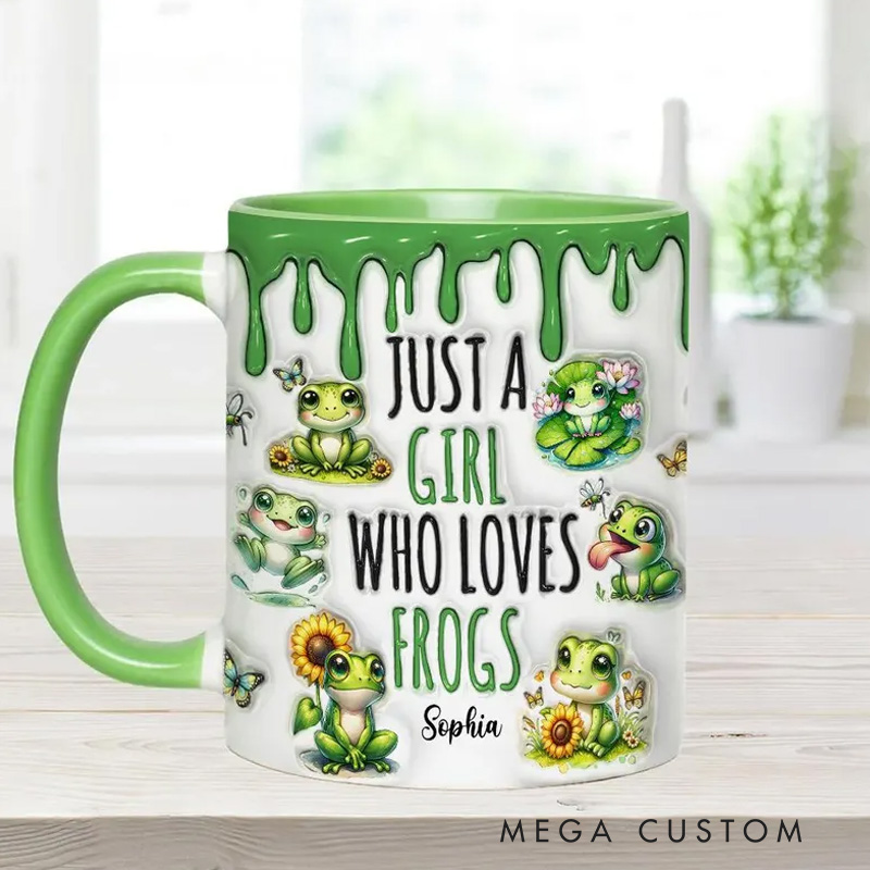Personalized Frog Lover's Mug with Playful Amphibian Illustrations and Custom Name 3D Inflated Effect Printed Mug