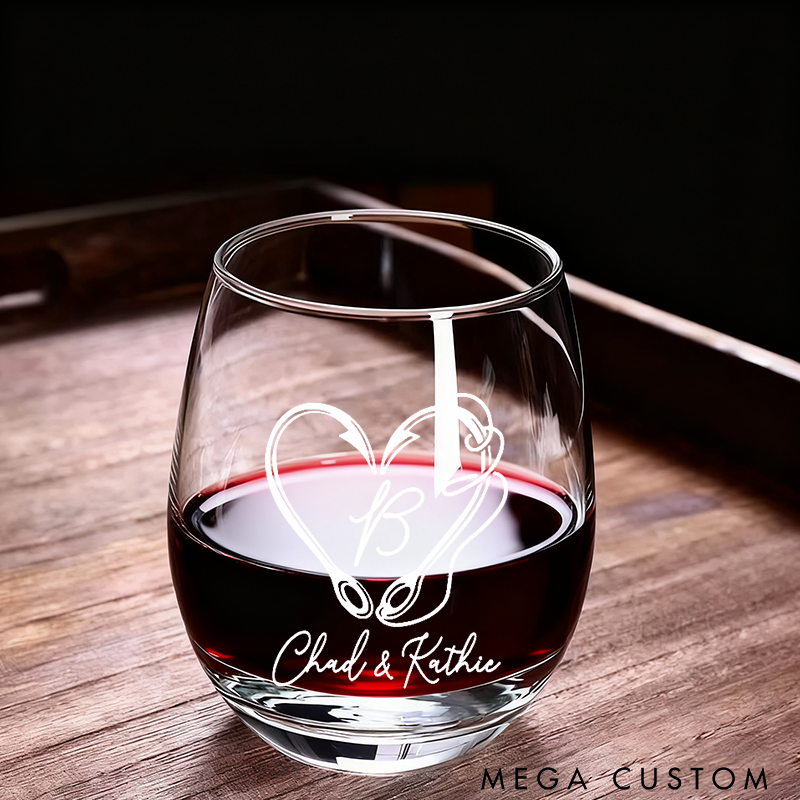 Personalized Fishing Wine Glasses with Hooked Heart Design Custom Names and Time Perfect Gift for Couples Weddings Engagements or Anniversaries