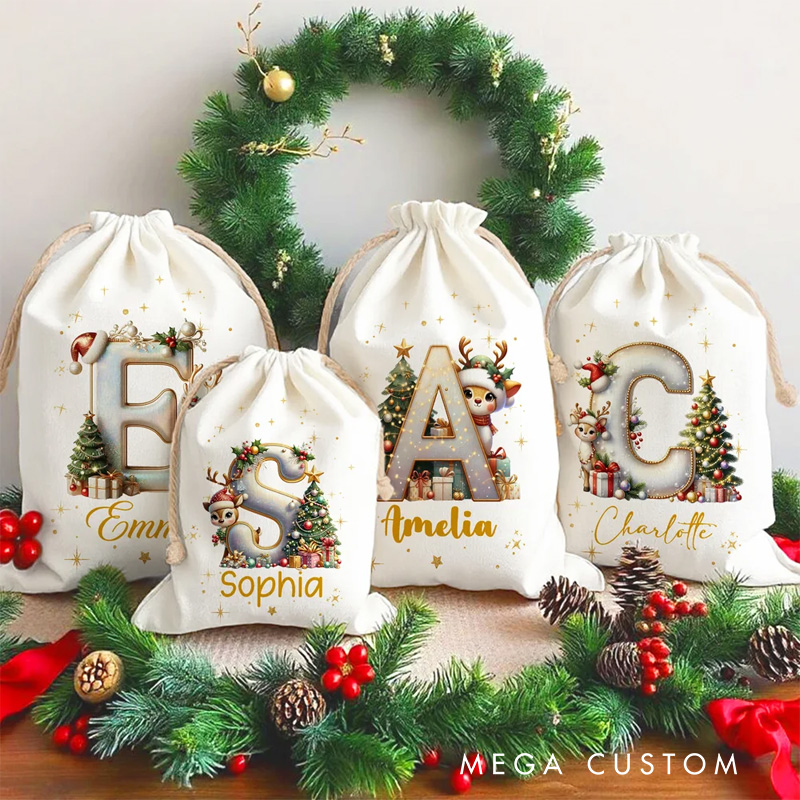 Personalized Cute Cartoon Elk Christmas Tree Initial Canvas Drawstring Gift Bag with Name Christmas Gift for Friends Family