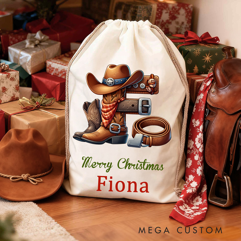 Personalized Santa Sack with Custom Name Western Christmas Gift Bag for Kids and Family Christmas Cowboy Boot Initial Name Gift Bag