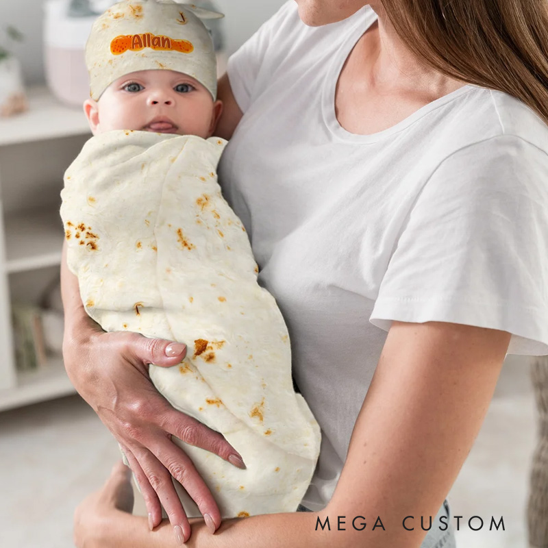 Personalized Tortilla Swaddle Blanket and Knot Hat Set with Name Birthday Baby Shower Gift for Newborns Babies