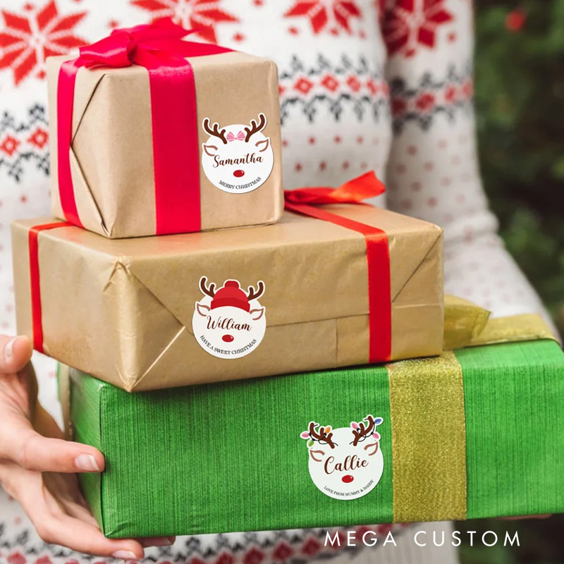 Personalized Cute Christmas Reindeer Waterproof Stickers Labels with Name and Text Gift Decor Christmas Festival Party Favors for Family Friends