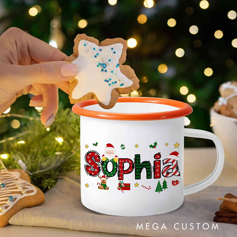 Custom Name Cartoon Christmas Theme Enamel Mug 12oz Shatterproof Cup with Handle Cocoa Milk Mug Christmas Gift for Kids