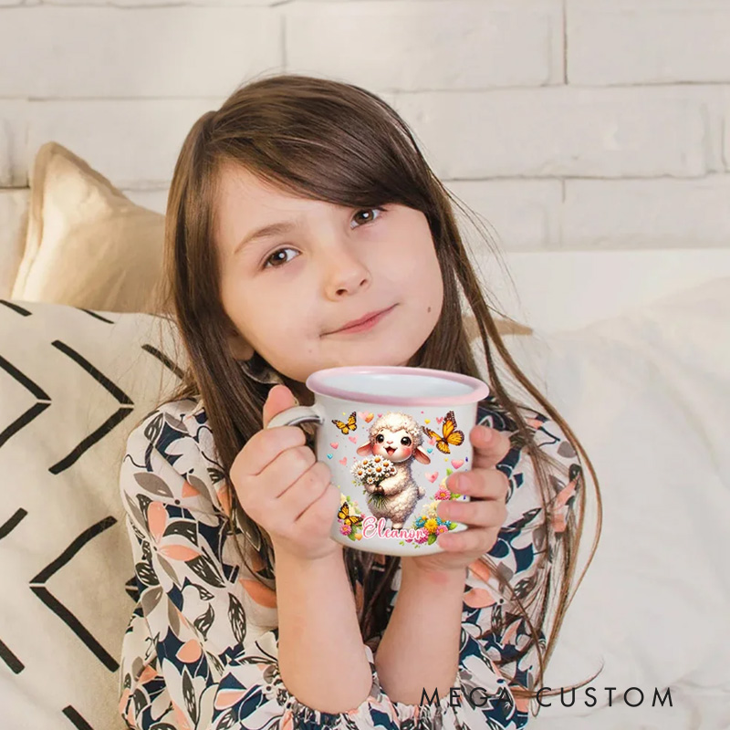Personalized Wildflower Cute Animal Portable 12 oz Enamel Cup with Name Back to School Birthday Gift for Boys Girls