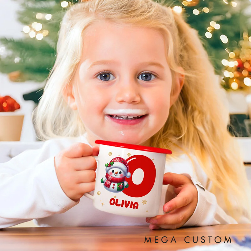 Personalized Cute Cartoon Snowman Initial 12 oz Enamel Mug with Name Christmas Gift for Boys Girls