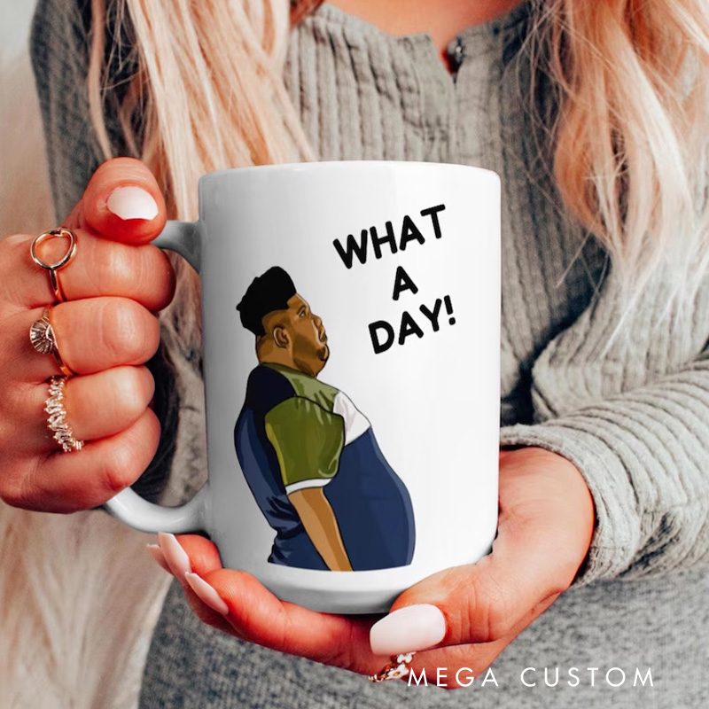Personalized Humorous Daily Grind Mug with Playful Character Illustration and Lighthearted What a Day Message Mug