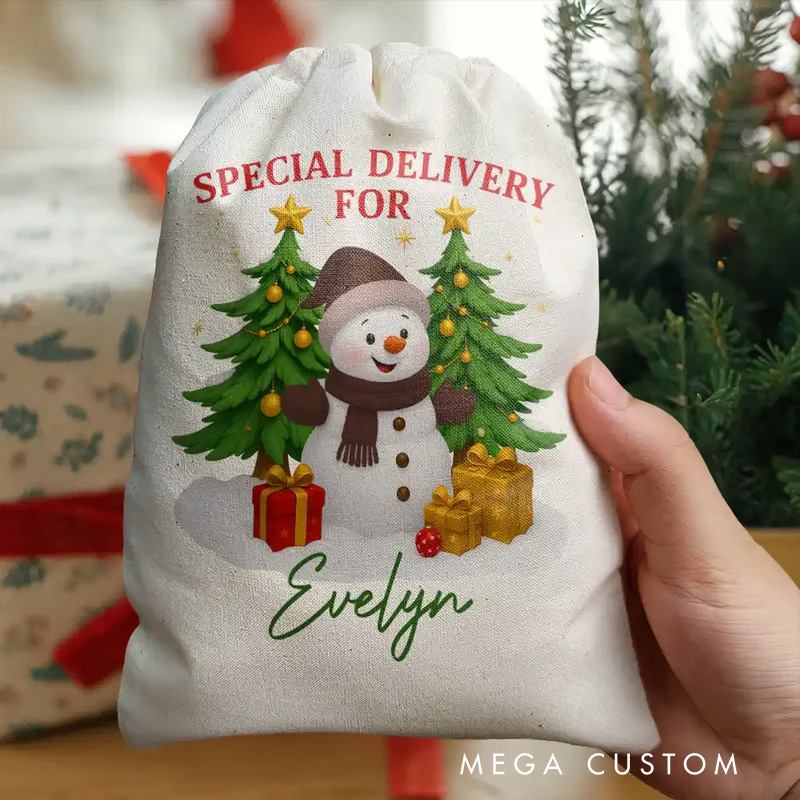 Personalized Snowman and Tree Christmas Bag with Custom Name for Heartwarming Holiday Gift Deliveries Christmas Bag