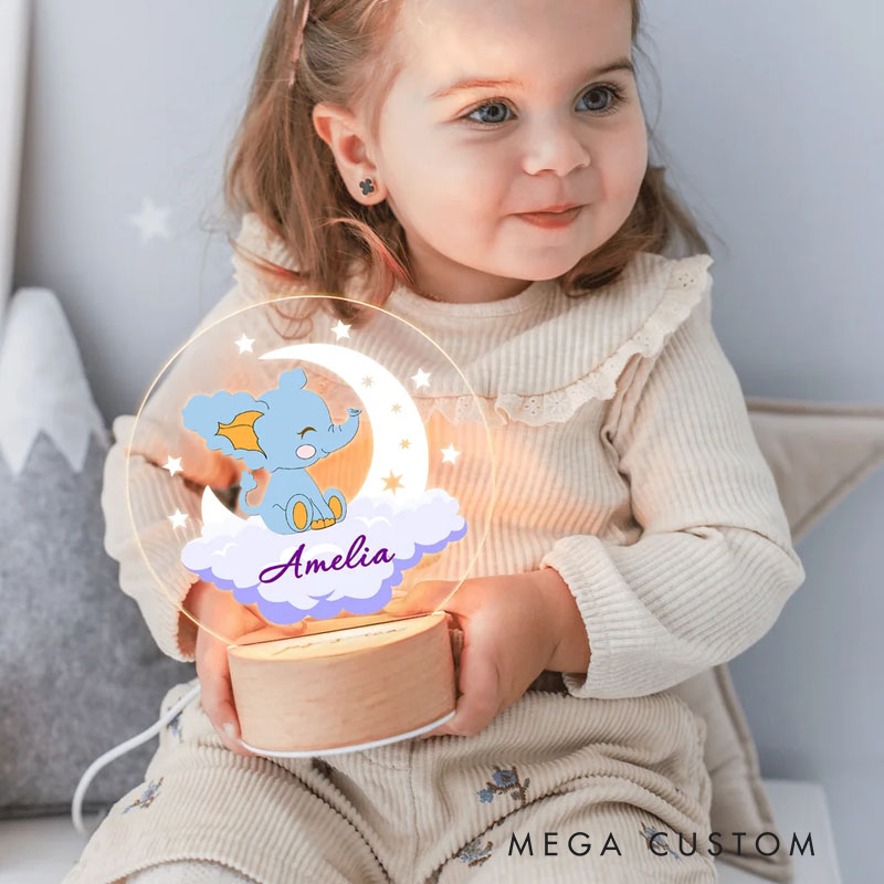 Personalized Dreamy Moon Forest Animal LED Night Light with Name Text and Wooden Base Nursery Room Decor Birthday Baby Shower Gift for Baby Kid