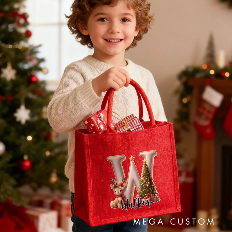 Personalized Christmas Tree Elk Large Capacity Jute Red Tote Bag with Initial and Name Christmas Party Gift for Kids Adults
