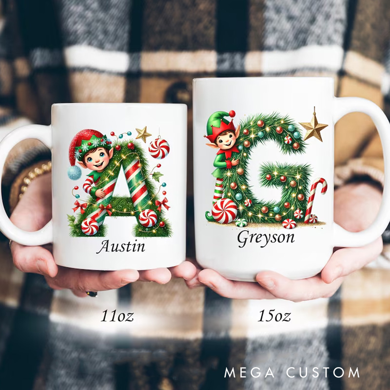 Personalized Festive Initial Mug with Holiday Decorations and Custom Name for Cheerful and Unique Gift Mug