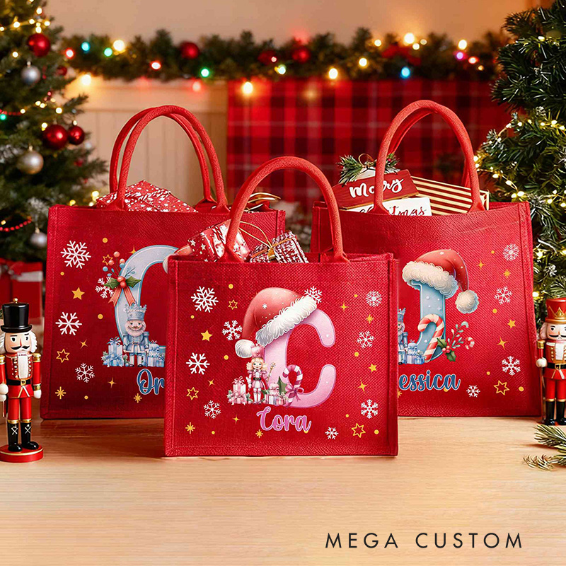 Personalized Gift Sack Custom Name with Pink or Blue Letters Christmas Nutcracker Initial Name Red Burlap Bag 