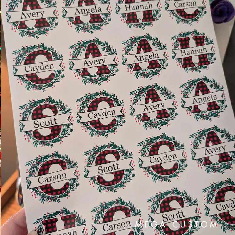 Personalized Plaid Initial Sticker with Festive Greenery and Custom Name for Unique Holiday Gift Wrapping Sticker