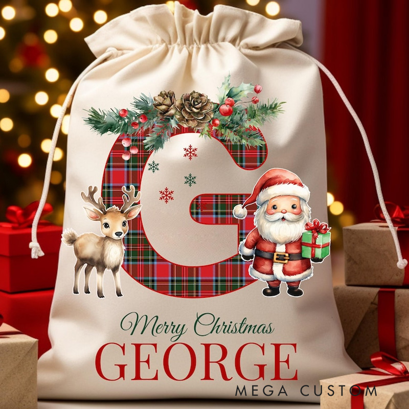 Personalized Santa and Reindeer Christmas Bag with Festive Plaid and Custom Name for Joyful Gift Giving Christmas Bag
