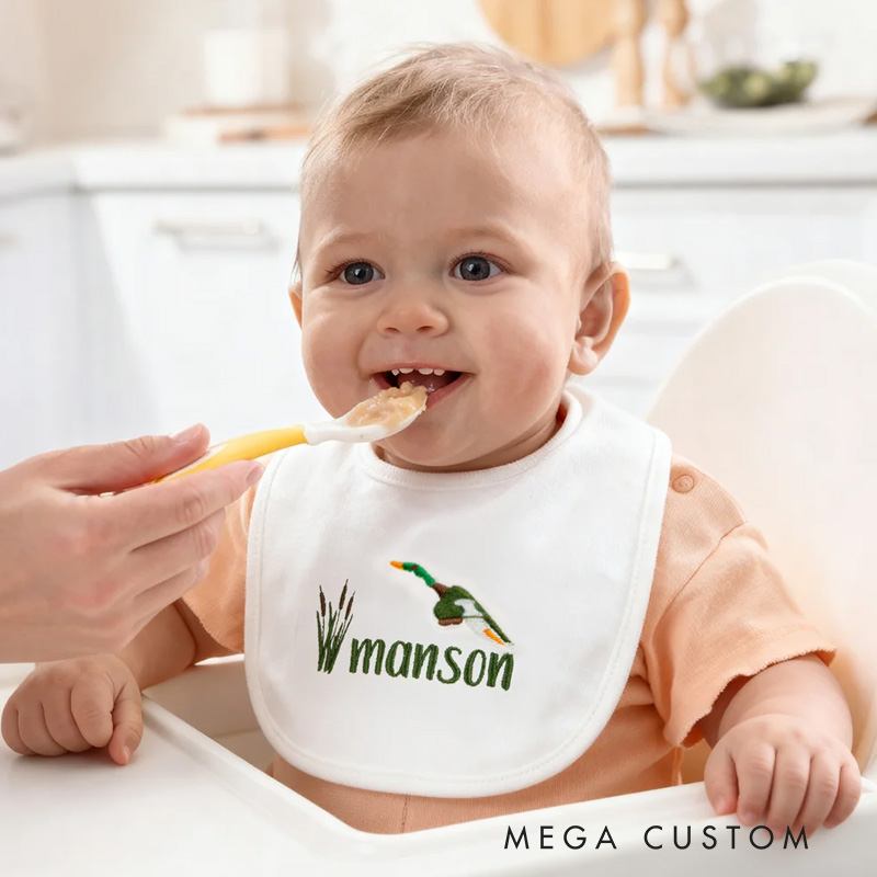 Personalized Embroidered Mallard Duck Reed Soft 100% Cotton Baby Bib with Name Feeding Accessory Baby Shower Welcome Christmas Gift for Baby Kid
