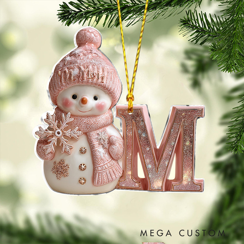 Personalized Snowman Ornament with Glittery Initial Design and Cozy Winter Details Perfect for Holiday Decor Christmas Ornament