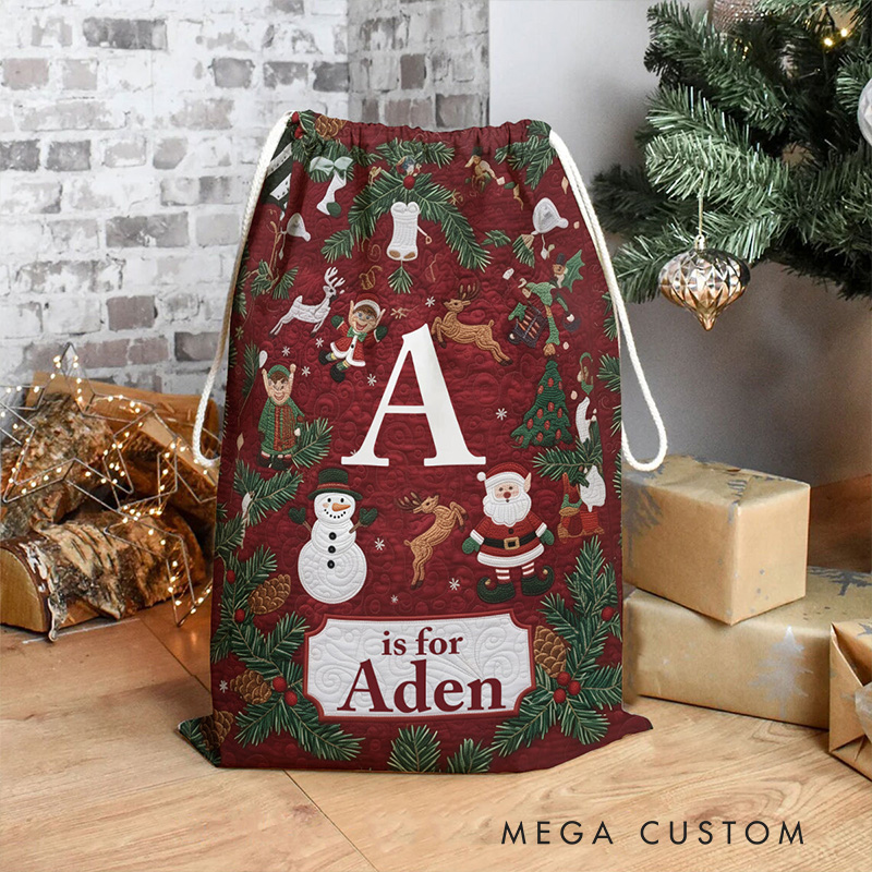 Personalized Festive Gift Sack with Initial and Name Design Featuring Holiday Icons Perfect for Joyful Celebrations Christmas Bag