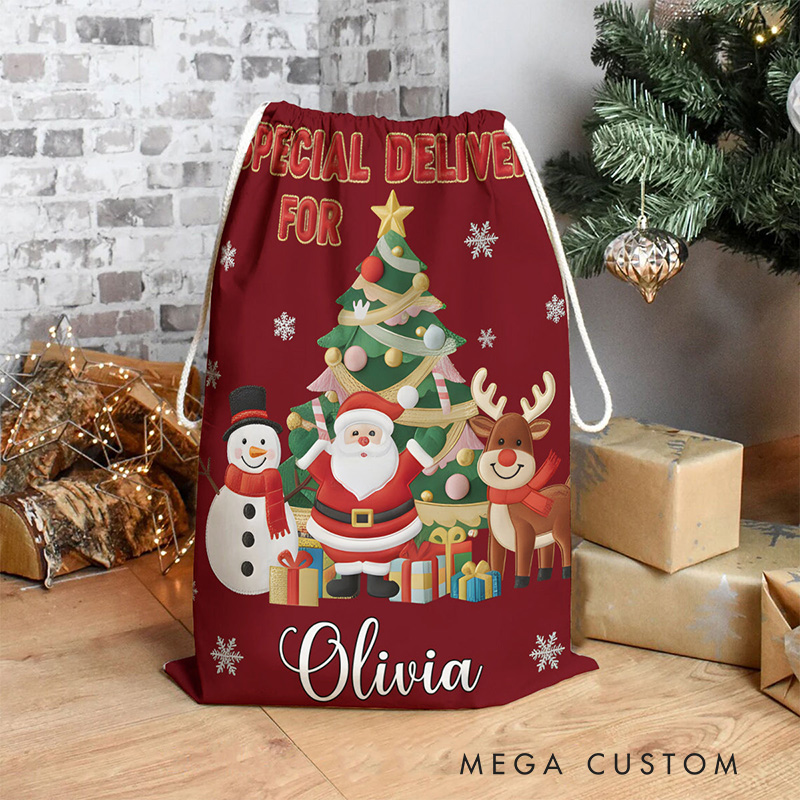 Personalized Christmas Gift Sack with Santa and Friends Design Featuring Custom Name Perfect for Holiday Cheer Christmas Bag