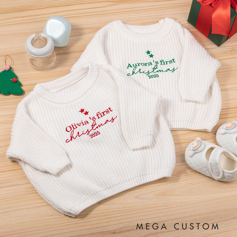 Personalized Embroidered Baby Sweater with First Christmas Design Featuring Custom Name and Year Perfect for Holiday Memories Sweater