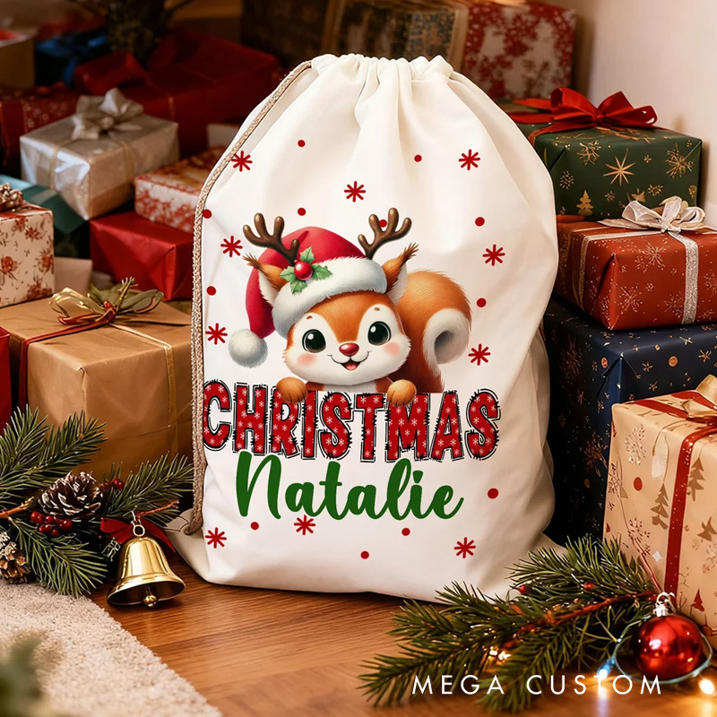 Personalized Santa Hat Deer Fantasy Unicorn Cute Animal Canvas Drawstring Gift Bag with Name Christmas Gift for Family Friends