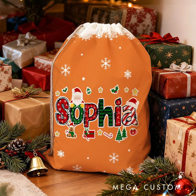 Personalized Santa Claus Elk Christmas Element Alphabet Canvas Drawstring Gift Bag with Name Christmas Gift for Kids