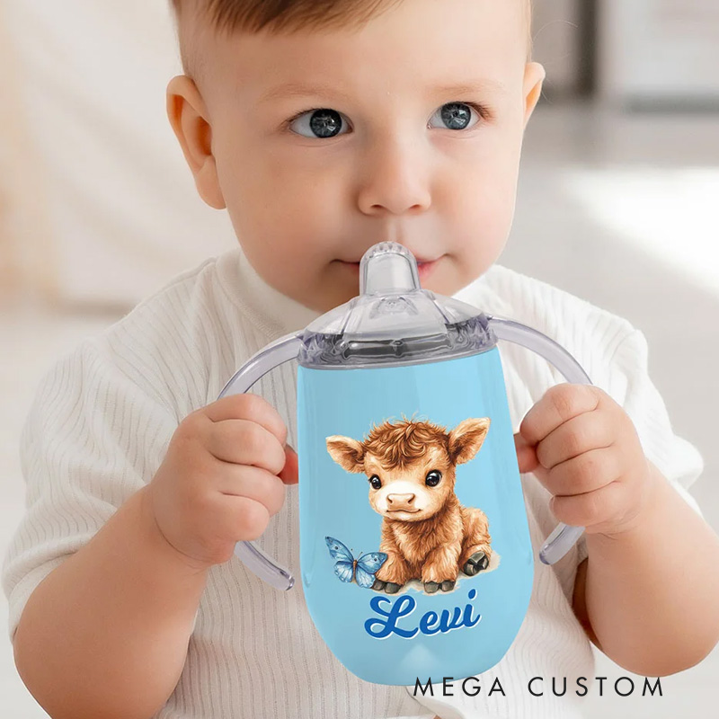 Personalized Cute Highland Cow 10 oz Insulated Name Sippy Cup with Lid and Handle Birthday Baby Shower Gift for Toddler Kids