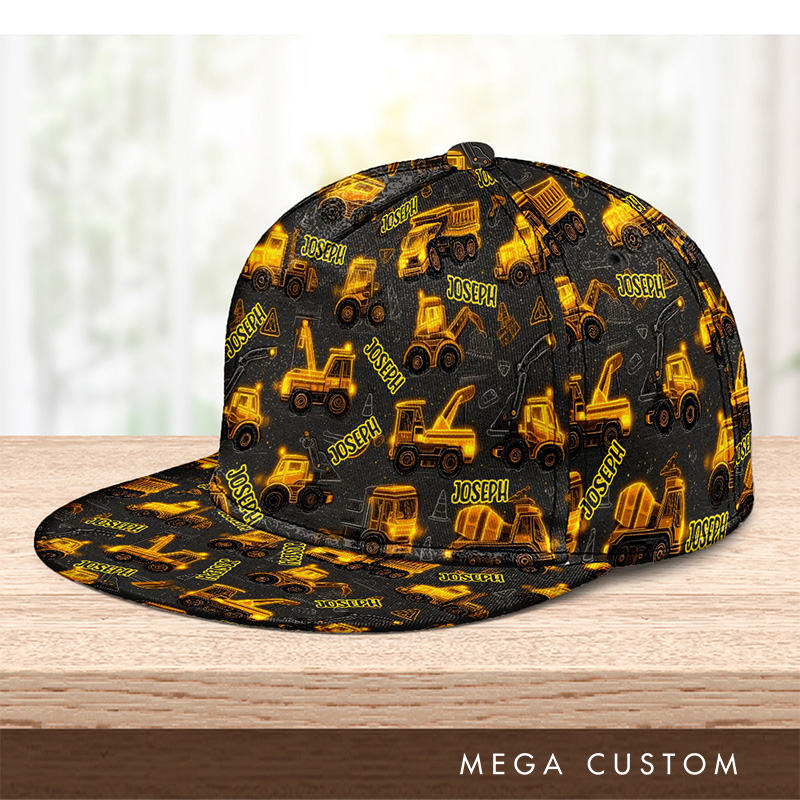Personalized Construction Cartoon Truck Cap with Custom Name and Bold Industrial Design Perfect for Kids Cap