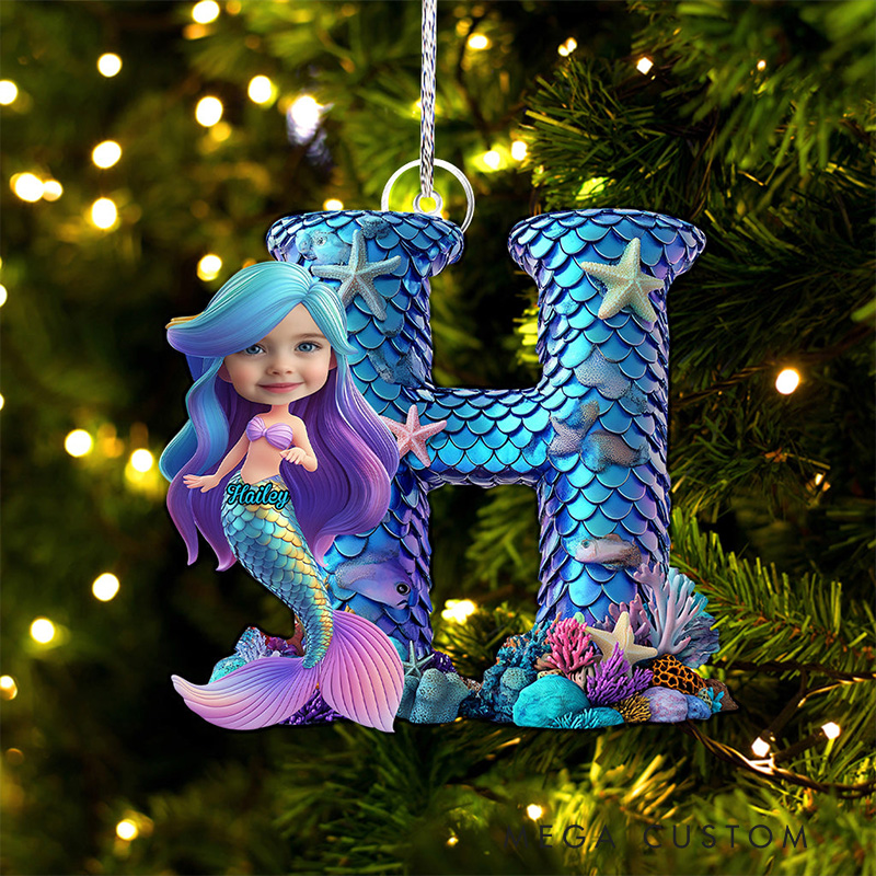 Personalized Mermaid Alphabet Ornament with Custom Letter and Photo Enchanting Underwater Design Perfect for Magical Holiday Decor Christmas Ornament