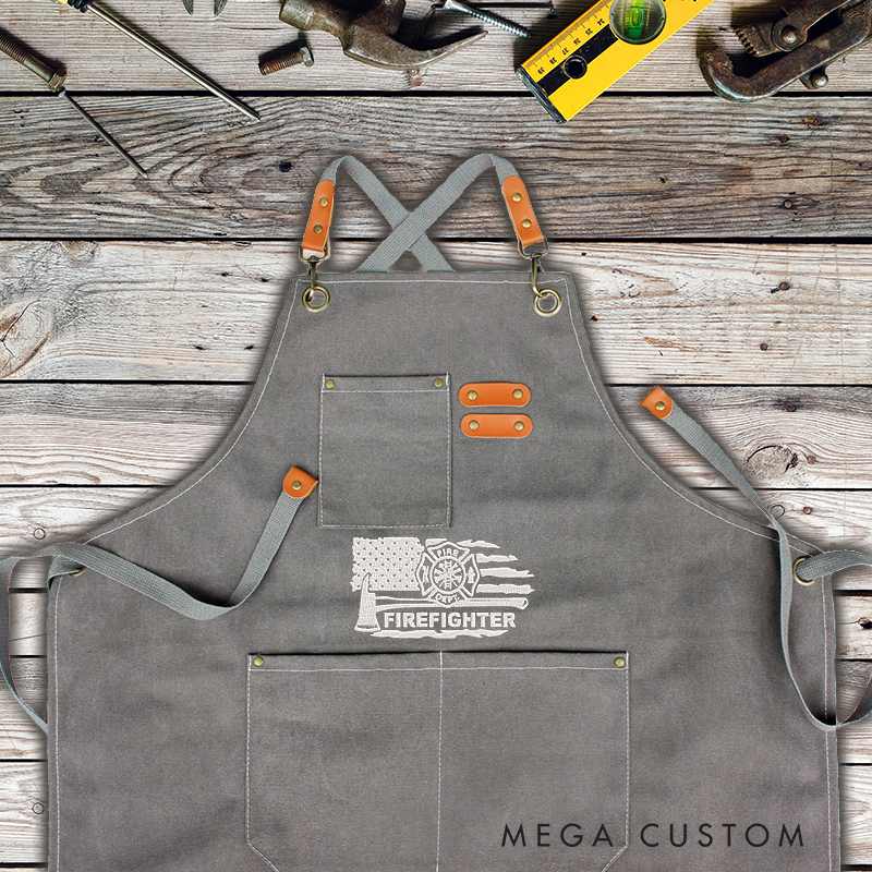 Personalized Firefighter Black Canvas Apron with Adjustable Straps and Pockets Gift for Firefighters and Everyday Use