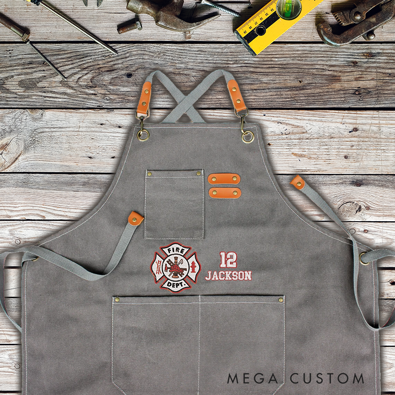 Personalized Firefighter Canvas Apron with Custom Name and Number Gift for Firefighters