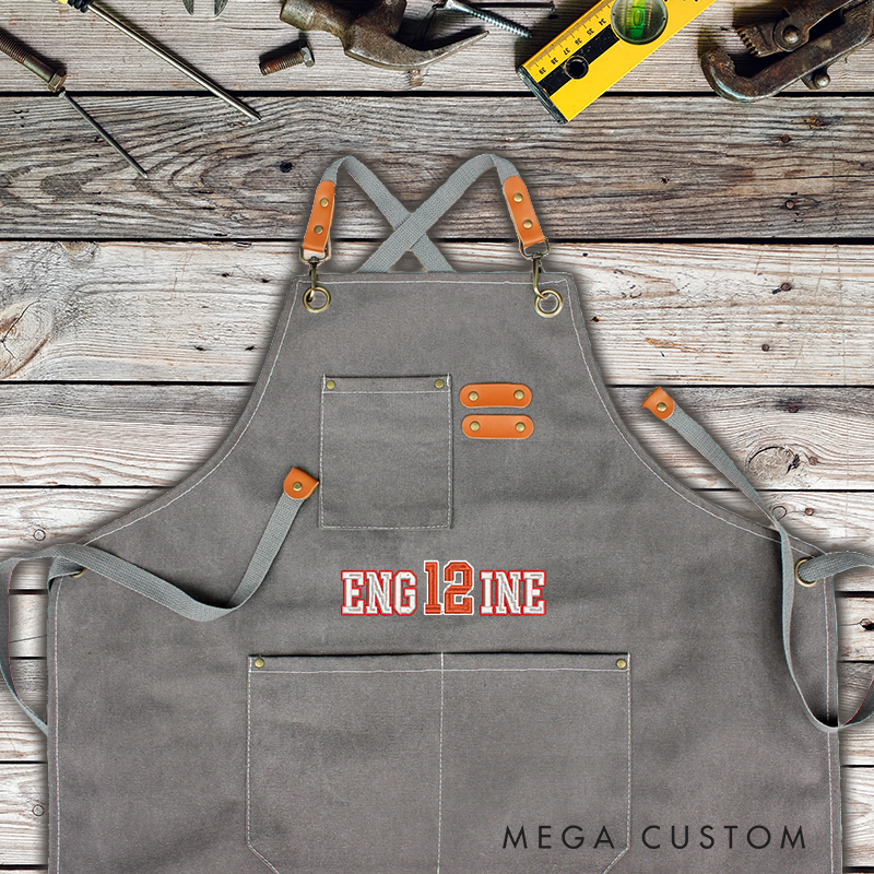 Personalized Firefighter Canvas Apron with Custom Embroidered Engine Number Design Gift for Firefighters