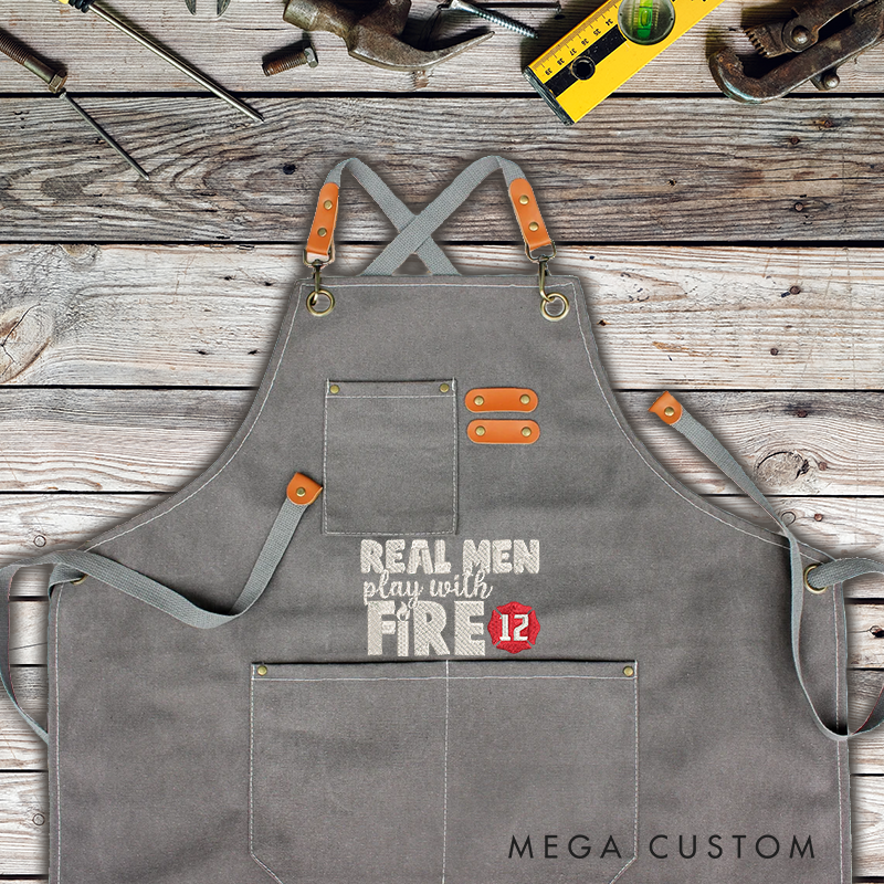 Personalized Firefighter Apron with Custom Embroidered Real Men Play with Fire Gift for Firefighters