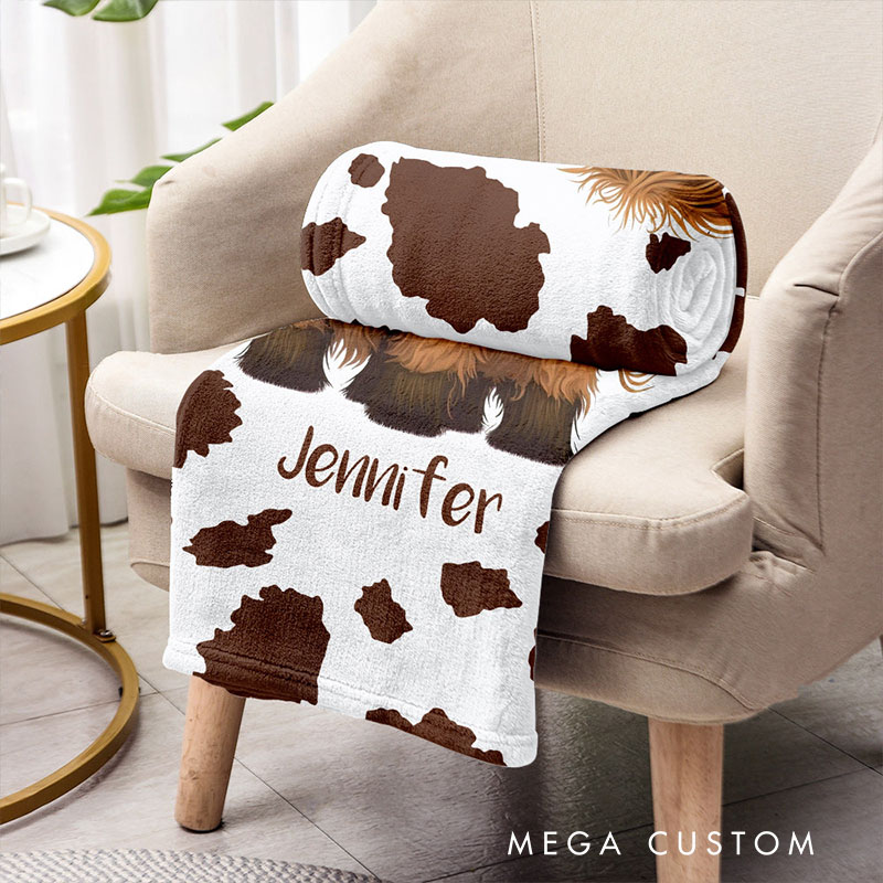 Personalized Highland Cow Blanket with Custom Name and Cute Farm Animal Design Perfect for Cozy Comfort Blanket