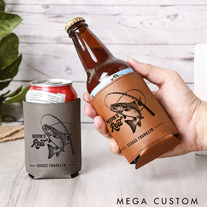 Personalized Leather Can Cooler Custom Engraved Fishing Design Insulated Drink Holder for Outdoor Adventures and Anglers Gifts