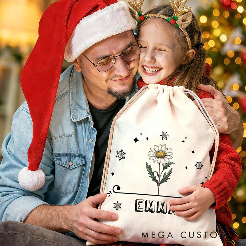 Personalized Birth Flower Drawstring Gift Bag with Name Birthday Anniversary Christmas Gift for Kids Family Friends