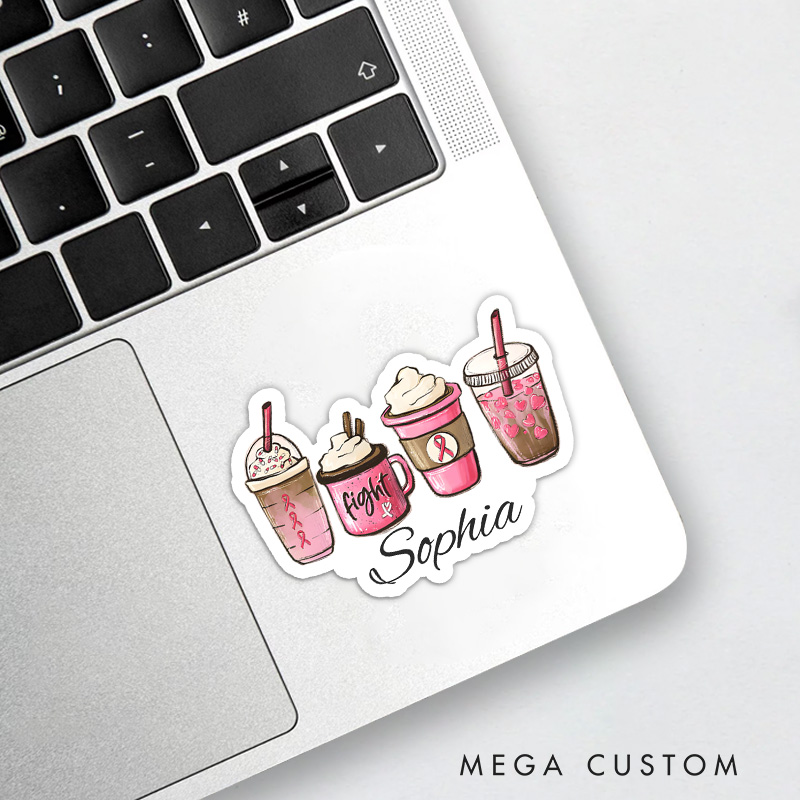 Personalized Cute Coffee Cup Sticker Set with Pink Ribbon and Fight Theme for Fun and Motivational Style Stickers