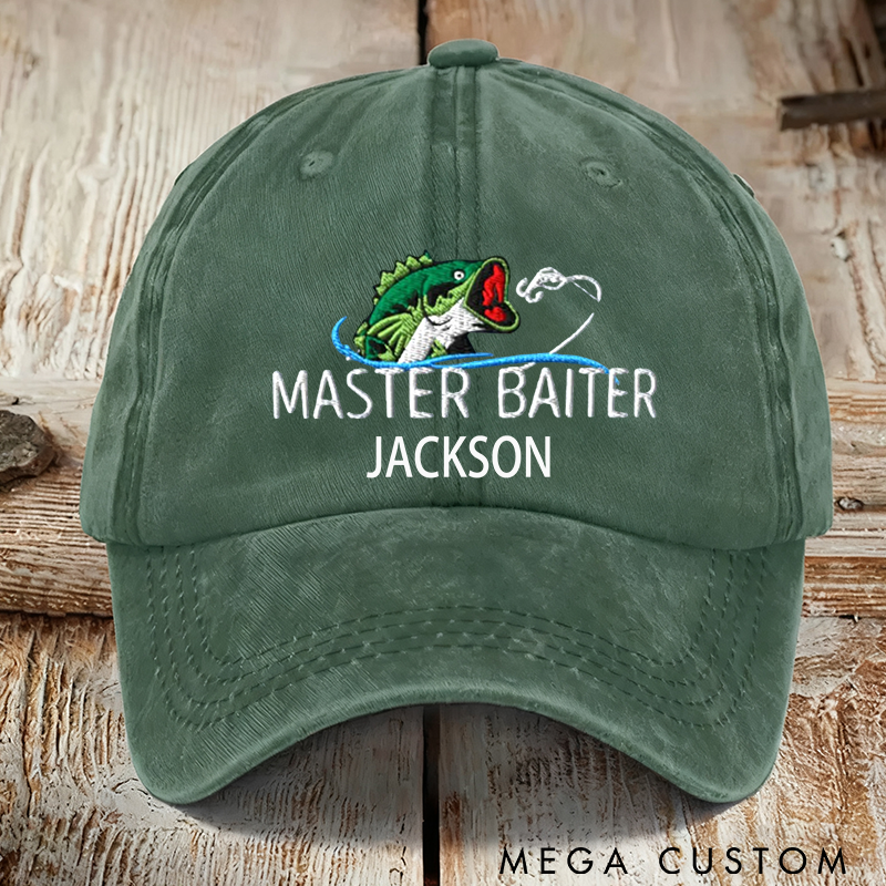 Personalized Master Baiter Fishing Hat Embroidered Bass Fishing Hat Master Baiter Fisherman Dad Hat Custom Name Funny and Personalized Cap for Fishing Enthusiasts