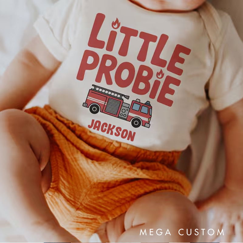 Personalized Firefighter Inspired Baby Bodysuit with Cute Little Probie Text and Adorable Fire Truck Graphic Baby Bodysuit