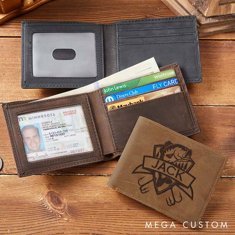 Personalized Leather Fishing Wallet Fisherman Wallet Fathers Day Gift Husband wallet Hunting Wallet Multi-Card Slots Perfect Gift for Fishing Enthusiasts and Outdoor Lovers