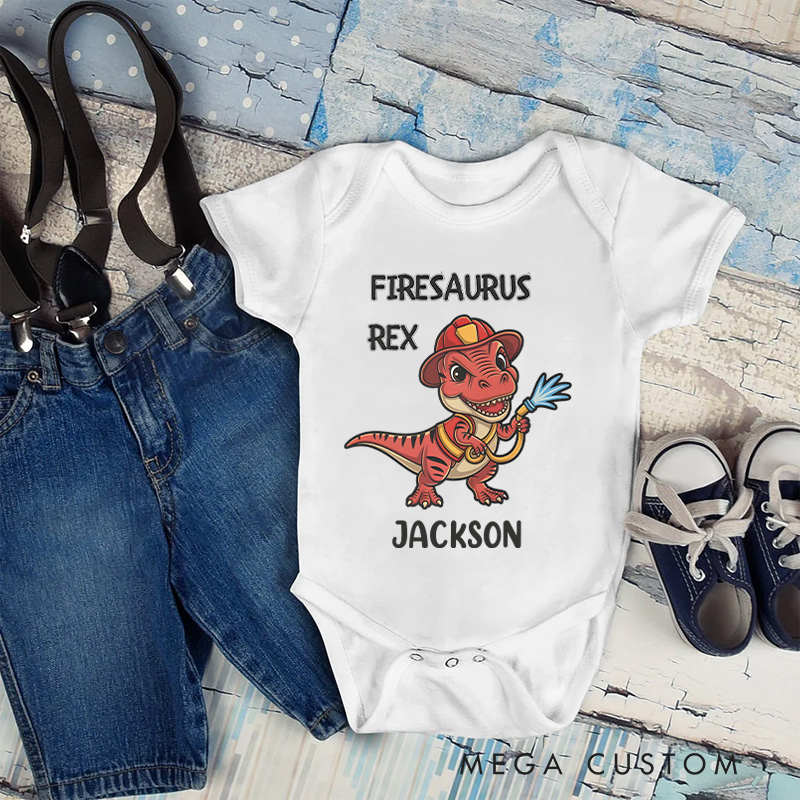 Personalized Dinosaur Firefighter Baby Bodysuit with Cute Firesaurus Rex Graphic and Custom Name for Little Heroes Baby Bodysuit