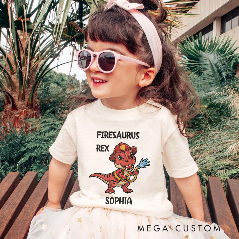 Personalized Dinosaur Firefighter Kids T-Shirt with Adorable Firesaurus Rex Graphic and Custom Name for Fun Adventures Kids T-Shirt
