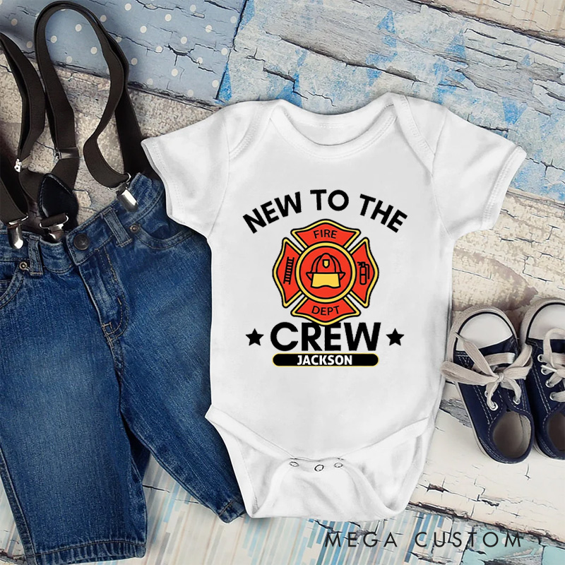 Personalized Firefighter Crew Baby Bodysuit with Custom Name and Bold New to the Crew Emblem for Little Heroes Baby Bodysuit